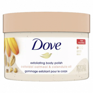 tẩy da chết dove Scrub Oatmeal & Calendula Oil: bột yến mạch và dầu hoa cúc.